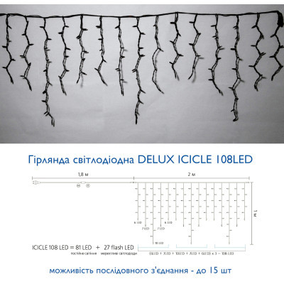 Гирлянда Delux ICICLE flash 108LED 2 х 1 м теплий білий / чорний IP44 EN (90012947) фото №3