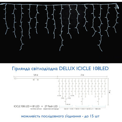 Гірлянда Delux ICICLE flash 108LED 2 х 1 м теплий білий / білий IP44 EN (90012948) фото №3
