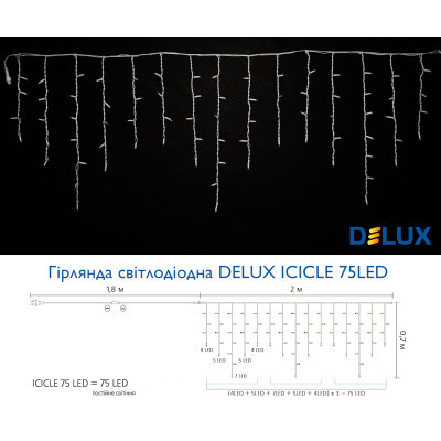 Гірлянда Delux ICICLE 75 LED 2 x 0.7 м IP44 EN Теплий білий/білий (90016594) фото №3