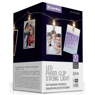 Гирлянда Colorway Светодиодная с прищепками для фото 20 LED/3M USB (CW-LCP-20L30BU)