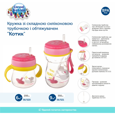 Пляшечка для годування Canpol babies Поильник-непроливайка  со складной силиконовой трубочкой и утяжелением 350 мл Котик Розовый (56/521) фото №6