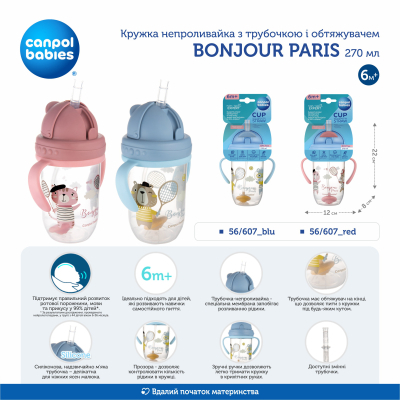 Пляшечка для годування Canpol babies Поильник-непроливайка  Bonjour Paris с трубочкой и утяжелителем 270 мл Красная (56/607_red) фото №5