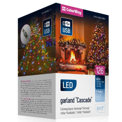 Гирлянда Colorway Каскад LED 126 9 x 1.5 м 8 функцій різнокольорова USB (CW-G-126L91CUMC)