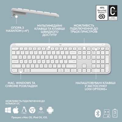 Клавиатура Logitech K950 Bluetooth/Wireless UA Off-White (920-012466) фото №9