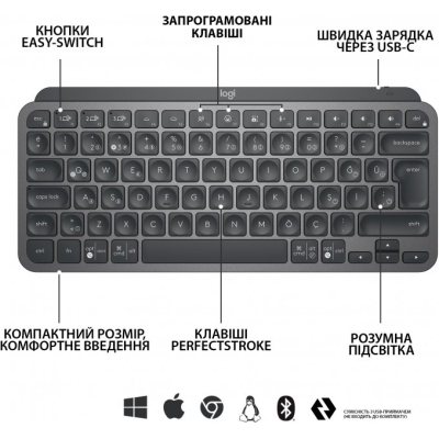 Клавіатура Logitech MX Keys Mini Wireless Illuminated UA Graphite (920-010498) фото №5