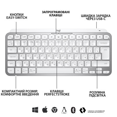 Клавиатура Logitech MX Keys Mini Wireless Illuminated UA Pale Grey (920-010499) фото №6