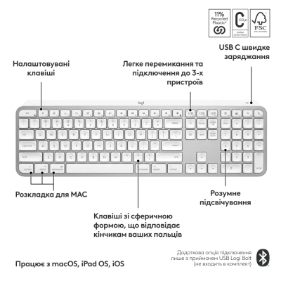 Клавиатура Logitech MX Keys S для MAC Bluetooth/Wireless UA Pale Grey (920-011638) фото №3