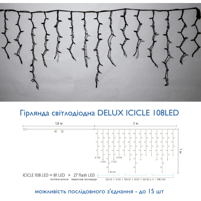 Гирлянда Delux ICICLE flash 108LED 2 х 1 м білий / чорний IP44 EN (90012940) фото №3