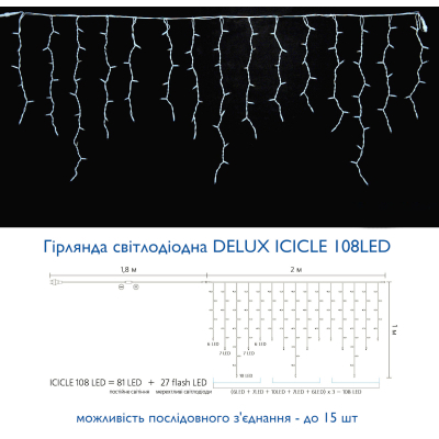 Гірлянда Delux ICICLE flash 108LED 2 х 1 м жовтий/білий IP44 EN (90012941) фото №3